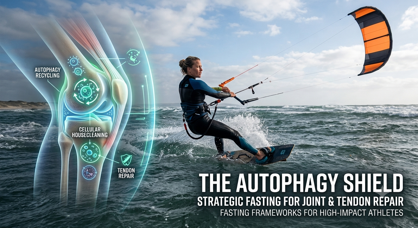 A kitesurfer riding waves with a stylized energy shield glowing around their knees, representing biological protection.