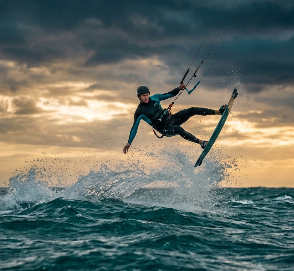 Kiteboarder boosting massive air during a high wind session