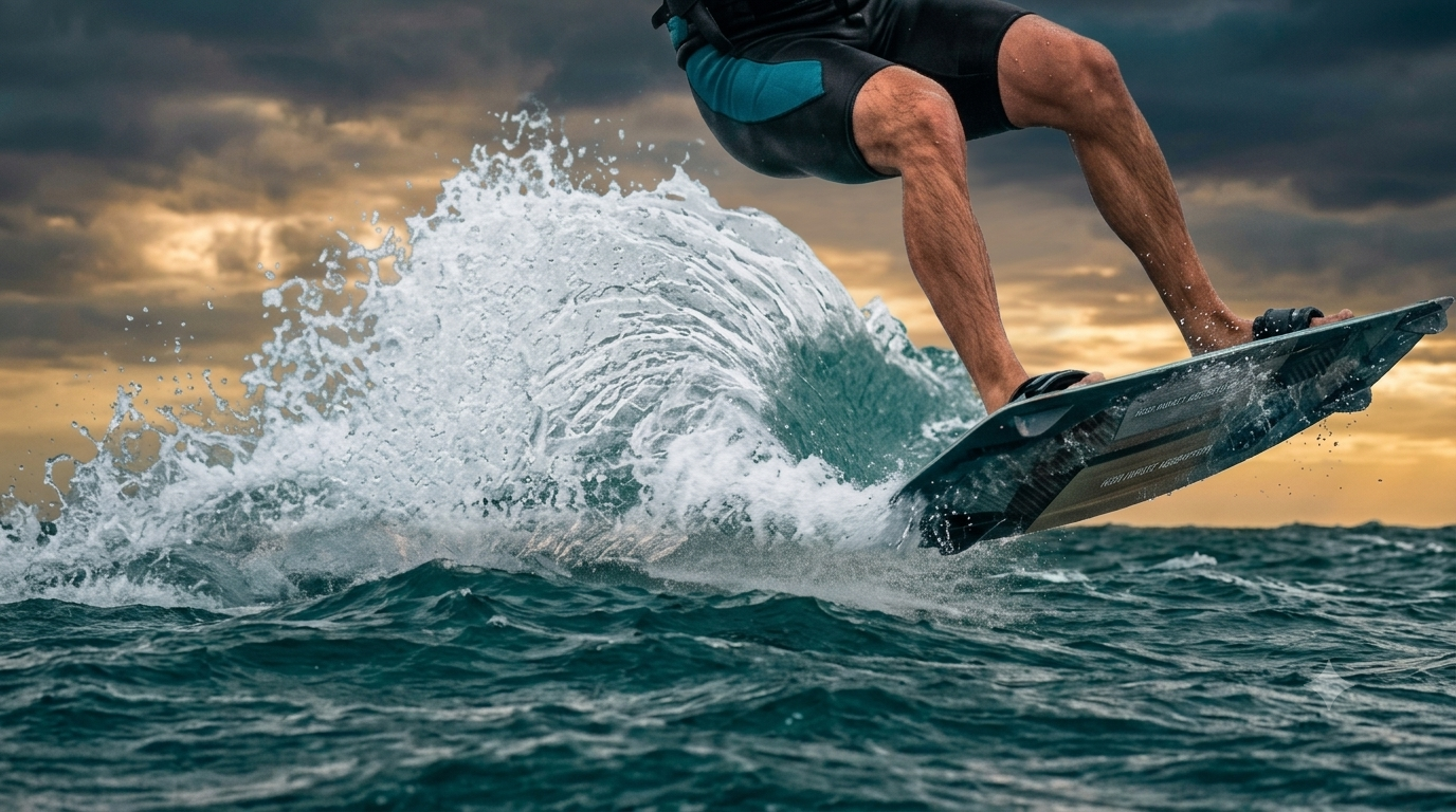 Close-up of kiteboarder's legs absorbing the impact of a hard water landing