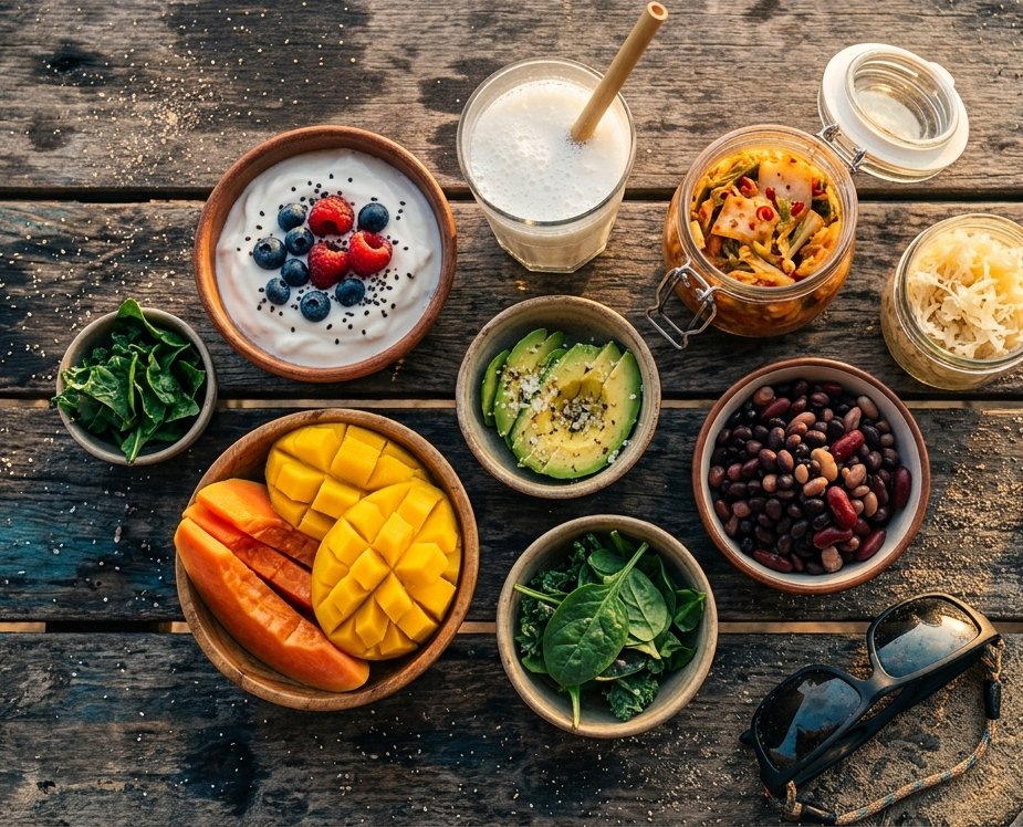 Bowls of yogurt, kefir, kimchi, sauerkraut, fruit and vegetables with sunglasses on a wooden beach table