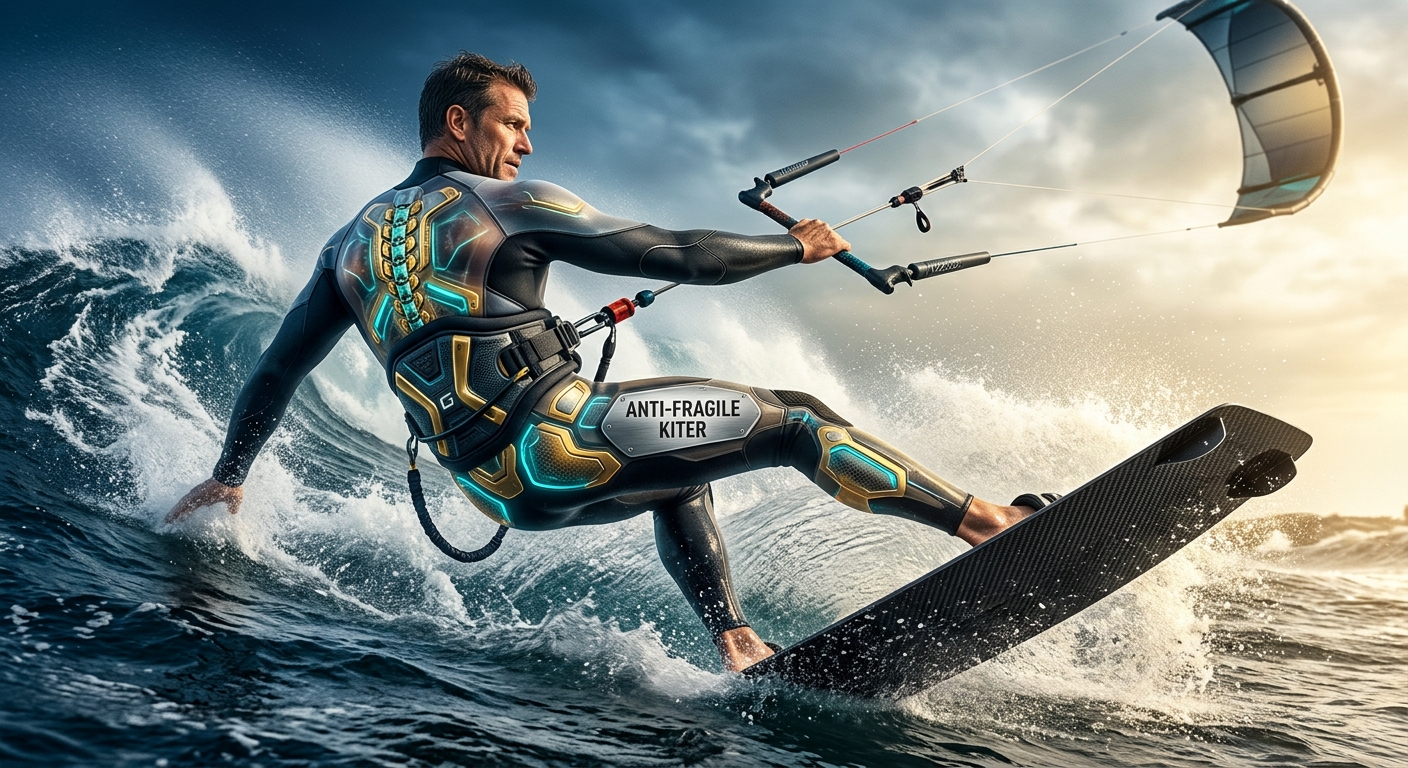 A biomechanically augmented kiteboarder powerfully edging against a strong wind, showing glowing cyan and gold structural supports in his back and harness.