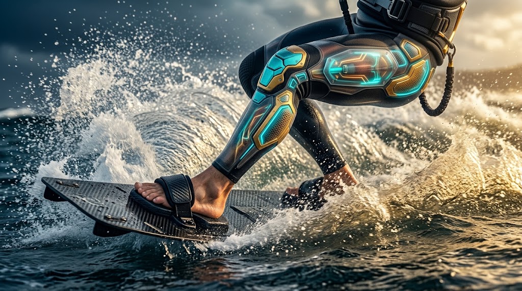 A close-up photograph of a kiteboarder's knee and leg during a severe landing impact, highlighting the strain and the reinforced structural armor plating around the joint.