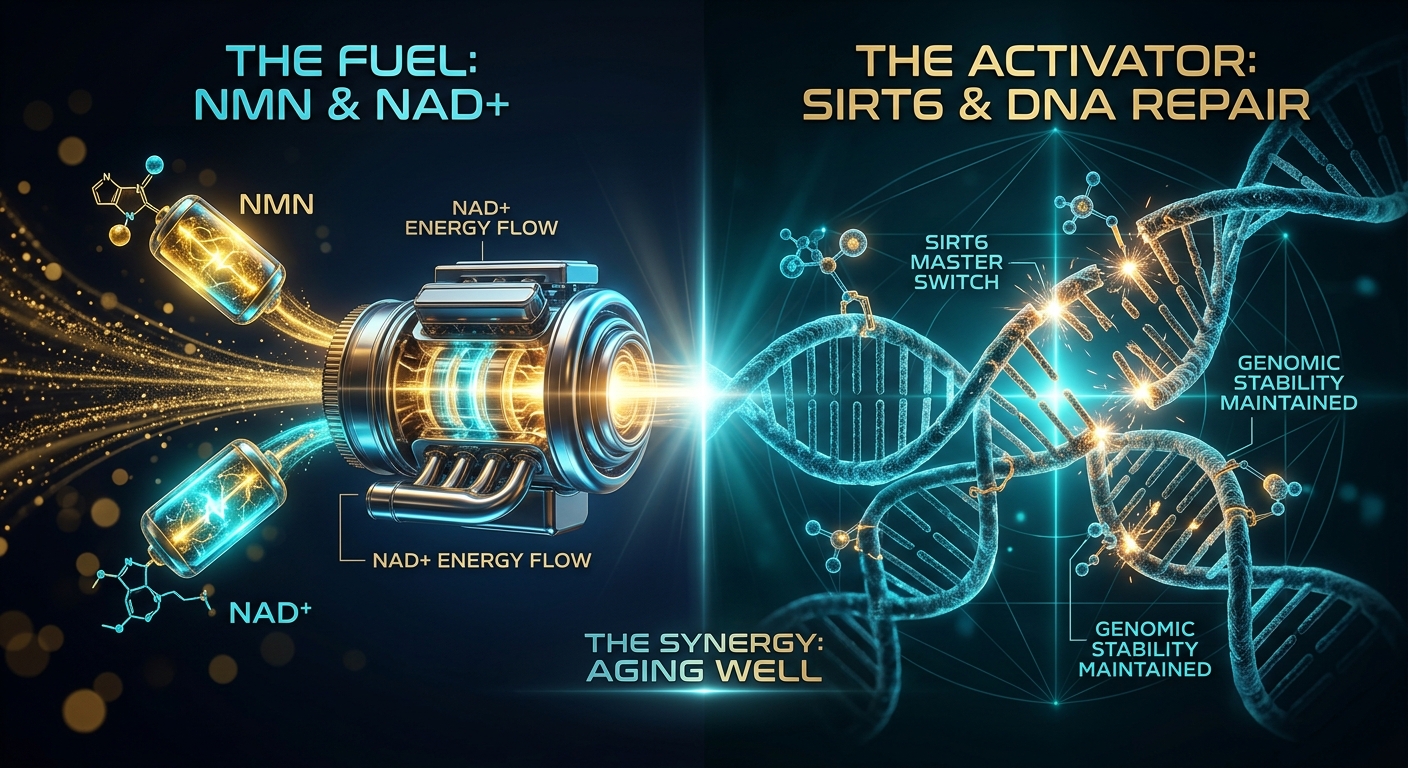 NMN NAD Fuel vs SIRT6 DNA Repair Switch Diagram