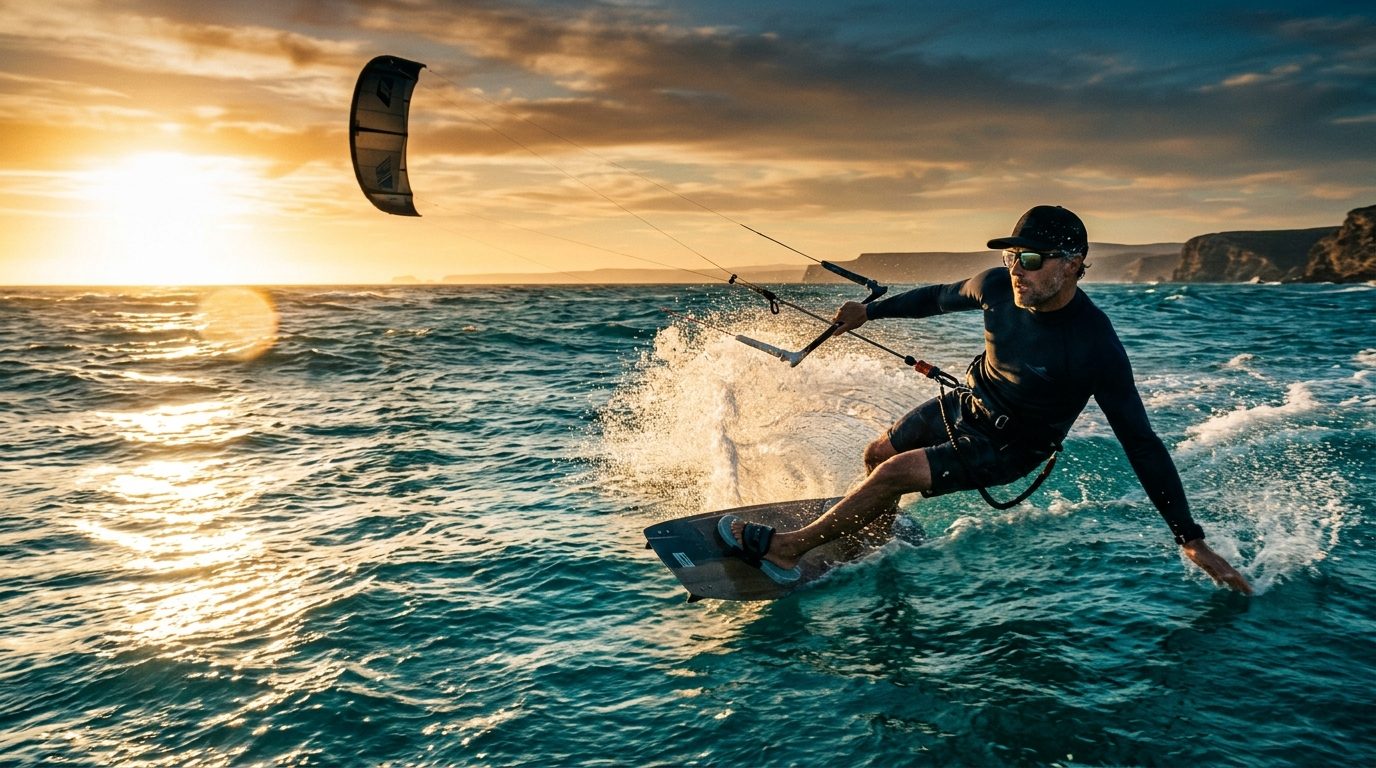 Kiteboarder in a long-sleeve rash guard and sunglasses riding through golden sun glare on the ocean