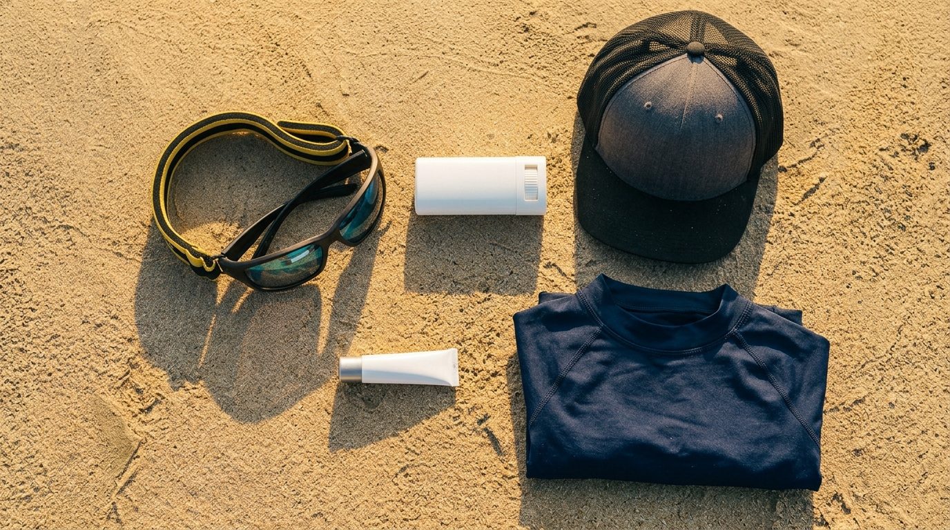 Polarized sunglasses with strap, zinc sunscreen stick, SPF lip balm, cap and rash guard laid out on the sand